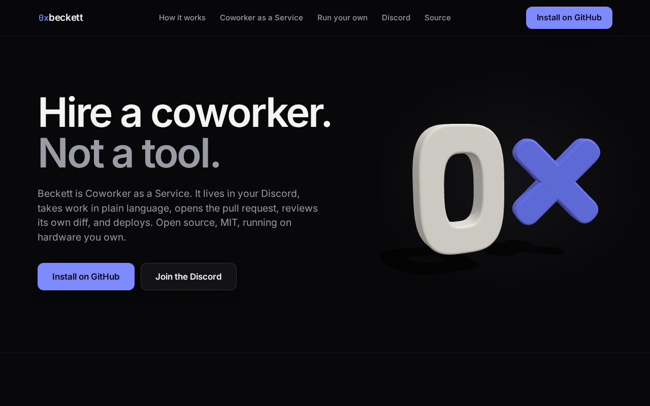 0xbeckett.me landing page: Hire a coworker. Not a tool.