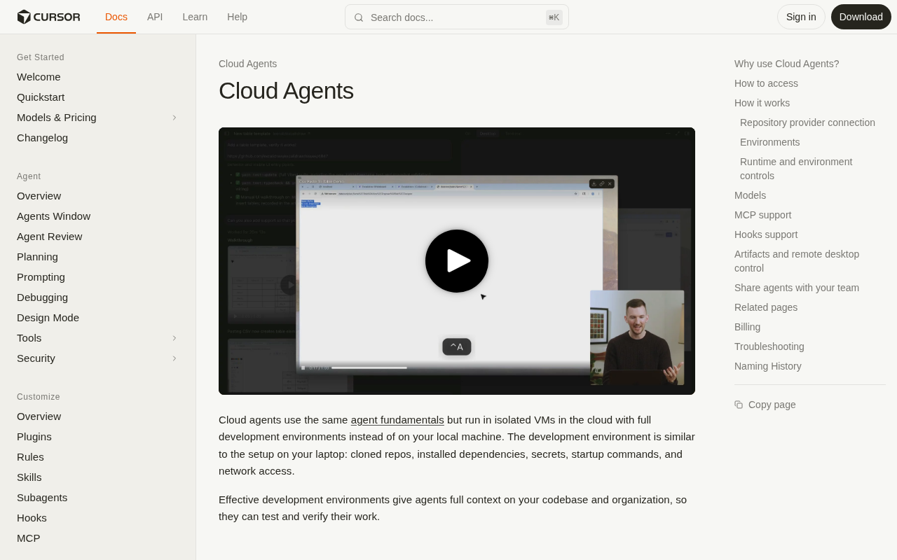 Cursor cloud agents docs